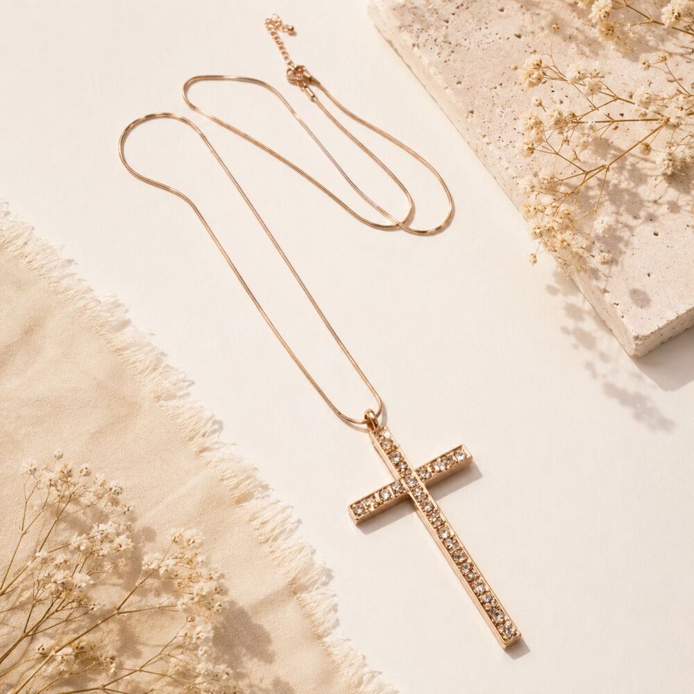 Large Gold Tone Rhinestone Cross Pendant Necklace 32 Inch - Picture 2 of 7